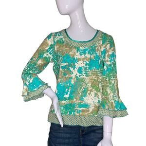 A La Carte Blouse Bell 3/4 Sleeves Size S Pullover Green Abstract Print
